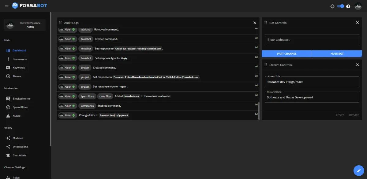 A screenshot of Fossabot's dashboard